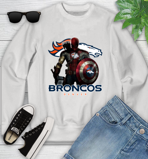 NFL Captain America Thor Spider Man Hawkeye Avengers Endgame Football Denver Broncos Youth Sweatshirt