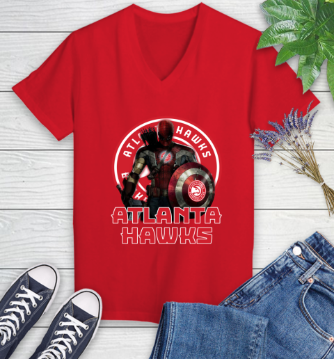 Atlanta Hawks NBA Basketball Captain America Thor Spider Man Hawkeye Avengers Women's V-Neck T-Shirt 12