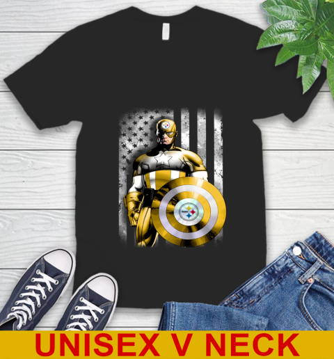 Pittsburgh Steelers NFL Football Captain America Marvel Avengers American Flag Shirt V-Neck T-Shirt