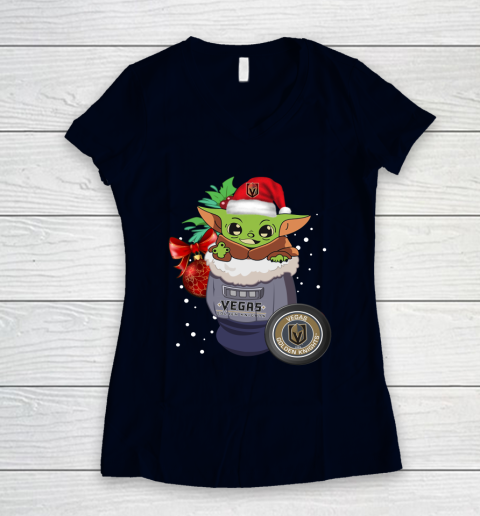 Vegas Golden Knights Christmas Baby Yoda Star Wars Funny Happy NHL Women's V-Neck T-Shirt 3