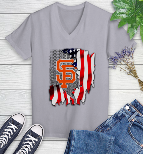 San Francisco Giants MLB Baseball American Flag Women's V-Neck T-Shirt 4