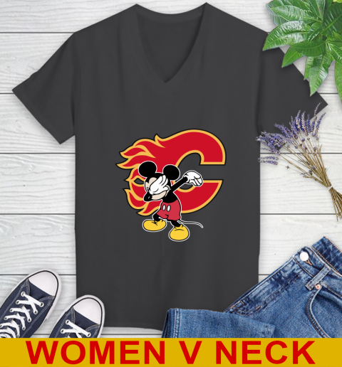 Calgary Flames NHL Hockey Dabbing Mickey Disney Sports Women's V-Neck T-Shirt 9