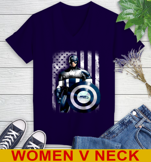 Seattle Seahawks NFL Football Captain America Marvel Avengers American Flag Shirt Women's V-Neck T-Shirt 3