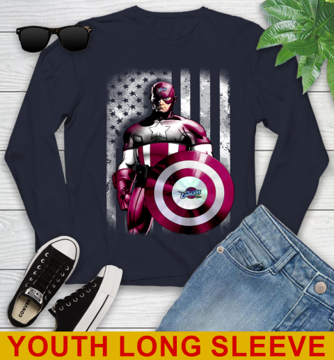 Cleveland Cavaliers NBA Basketball Captain America Marvel Avengers American Flag Shirt Youth Long Sleeve 2