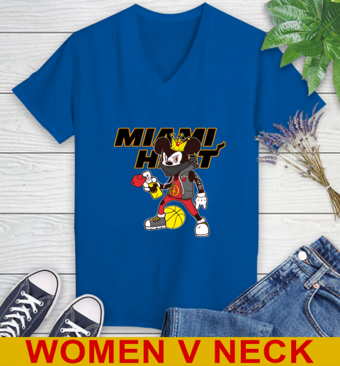 Miami Heat NBA Basketball Mickey Peace Sign Sports Women's V-Neck T-Shirt 11