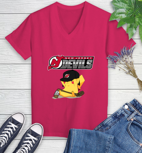 NHL Pikachu Hockey Sports New Jersey Devils Women's V-Neck T-Shirt 9