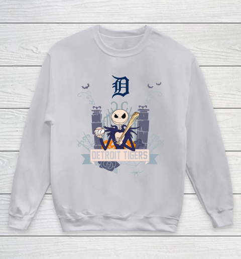 MLB Detroit Tigers Baseball Jack Skellington Halloween Youth Sweatshirt 3