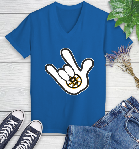 Boston Bruins NHL Hockey Mickey Rock Hand Disney Women's V-Neck T-Shirt 10