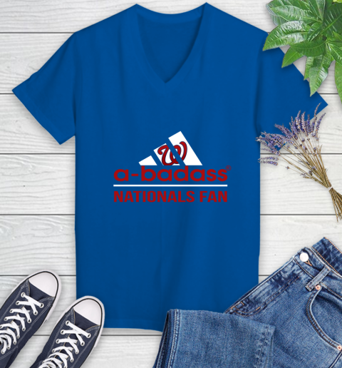 MLB A Badass Washington Nationals Fan Adidas Baseball Sports Women's V-Neck T-Shirt 10