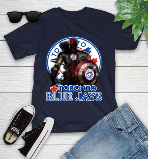 MLB Captain America Thor Spider Man Hawkeye Avengers Endgame Baseball Toronto Blue Jays Youth T-Shirt 3