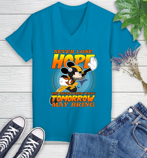 Pittsburgh Steelers NFL Football Mickey Disney Never Lose Hope Women's V-Neck T-Shirt 7
