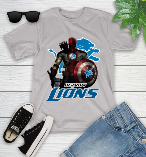 NFL Captain America Thor Spider Man Hawkeye Avengers Endgame Football Detroit Lions Youth T-Shirt 12