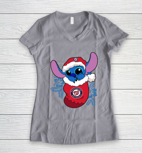 Washington Nationals Christmas Stitch In The Sock Funny Disney MLB Women's V-Neck T-Shirt 4