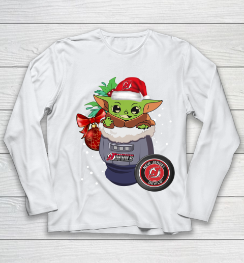 New Jersey Devils Christmas Baby Yoda Star Wars Funny Happy NHL Youth Long Sleeve 2