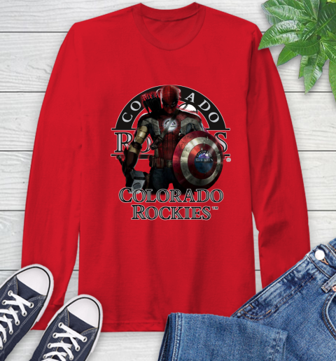 MLB Captain America Thor Spider Man Hawkeye Avengers Endgame Baseball Colorado Rockies Long Sleeve T-Shirt 10