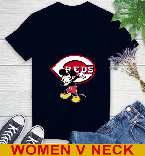 Cincinnati Reds MLB Baseball Dabbing Mickey Disney Sports Women's V-Neck T-Shirt 3