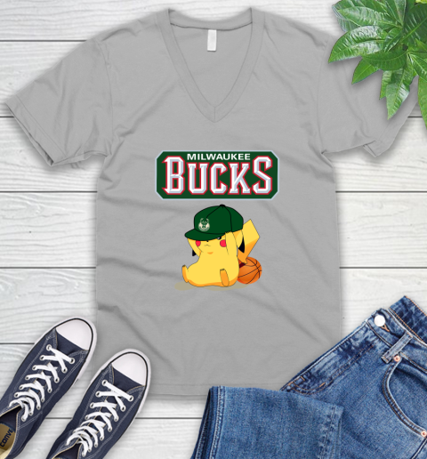 NBA Pikachu Basketball Sports Milwaukee Bucks V-Neck T-Shirt 4