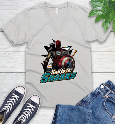 NHL Captain America Thor Spider Man Hawkeye Avengers Endgame Hockey San Jose Sharks V-Neck T-Shirt
