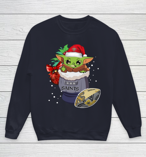 New Orleans Saints Christmas Baby Yoda Star Wars Funny Happy NFL Youth Sweatshirt 3
