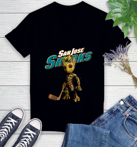 San Jose Sharks NHL Hockey Groot Marvel Guardians Of The Galaxy Women's V-Neck T-Shirt 2