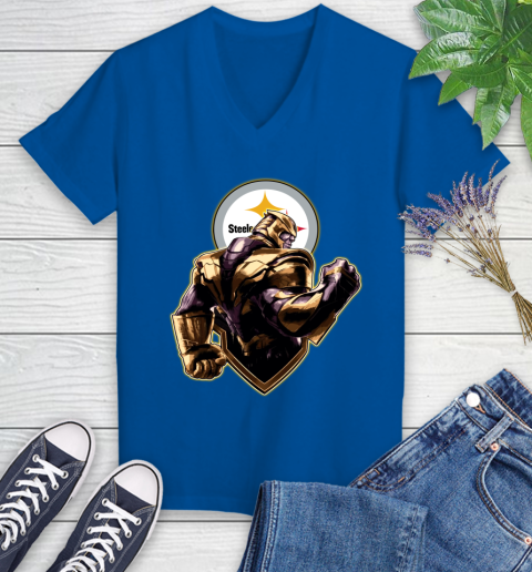 NFL Thanos Avengers Endgame Football Sports Pittsburgh Steelers Women's V-Neck T-Shirt 10