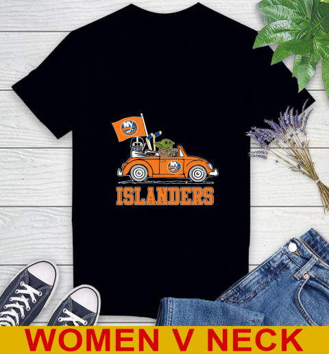 NHL Hockey New York Islanders Darth Vader Baby Yoda Driving Star Wars Shirt Women's V-Neck T-Shirt 2