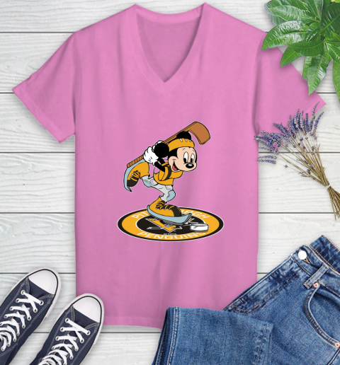 NHL Hockey Pittsburgh Penguins Cheerful Mickey Disney Shirt Women's V-Neck T-Shirt 12