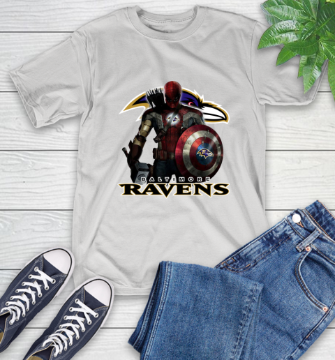 NFL Captain America Thor Spider Man Hawkeye Avengers Endgame Football Baltimore Ravens T-Shirt