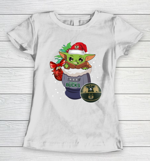 Milwaukee Bucks Christmas Baby Yoda Star Wars Funny Happy NBA Women's T-Shirt 3