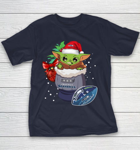 Seattle Seahawks Christmas Baby Yoda Star Wars Funny Happy NFL Youth T-Shirt 4