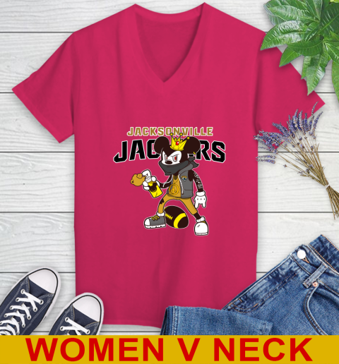 Jacksonville Jaguars NFL Football Mickey Peace Sign Sports Women's V-Neck T-Shirt 10