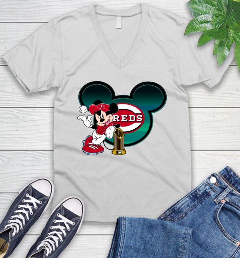 MLB Cincinnati Reds The Commissioner's Trophy Mickey Mouse Disney V-Neck T-Shirt