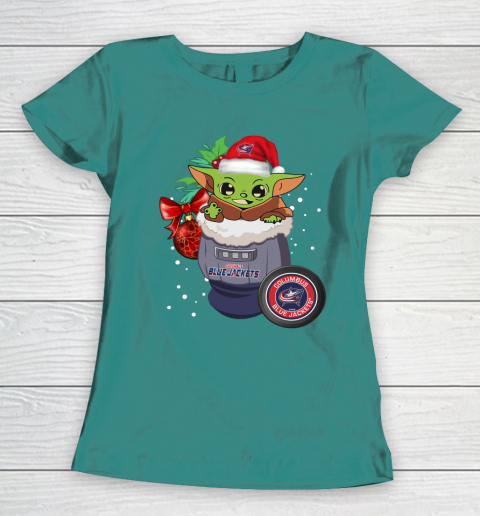 Columbus Blue Jackets Christmas Baby Yoda Star Wars Funny Happy NHL Women's T-Shirt 12