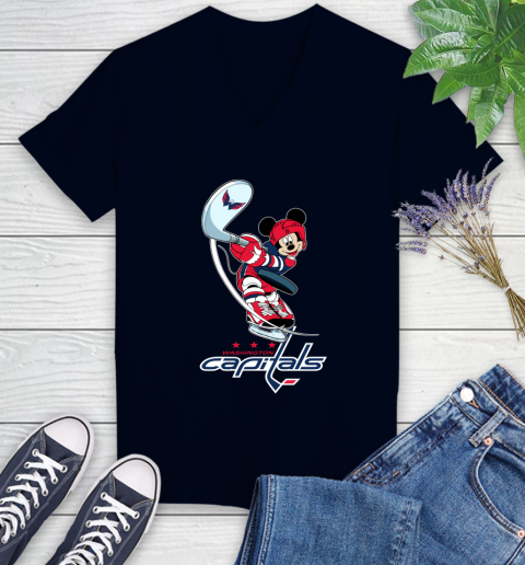 NHL Hockey Washington Capitals Cheerful Mickey Mouse Shirt Women's V-Neck T-Shirt 3