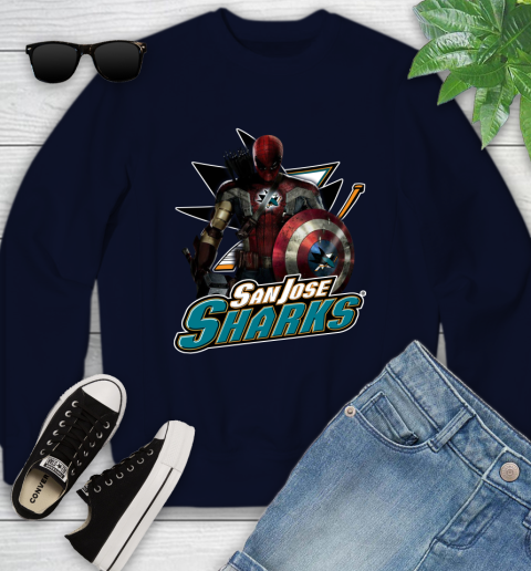 NHL Captain America Thor Spider Man Hawkeye Avengers Endgame Hockey San Jose Sharks Youth Sweatshirt 3