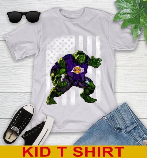 Los Angeles Lakers Hulk Marvel Avengers NBA Basketball American Flag Youth T-Shirt 4