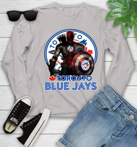 MLB Captain America Thor Spider Man Hawkeye Avengers Endgame Baseball Toronto Blue Jays Youth Long Sleeve 12