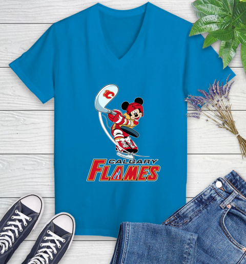 NHL Hockey Calgary Flames Cheerful Mickey Mouse Shirt Women's V-Neck T-Shirt 6