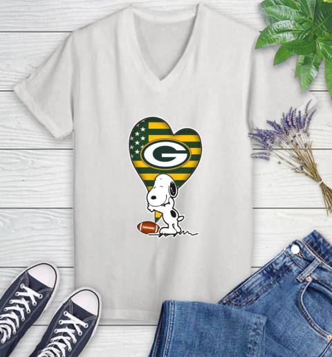 Green Bay Packers NFL Football The Peanuts Movie Adorable Snoopy Women's V-Neck T-Shirt