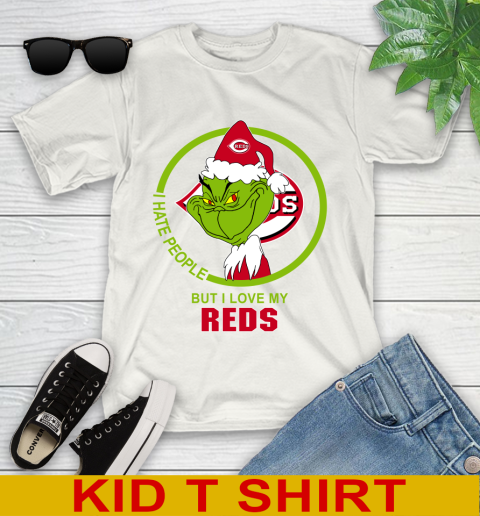 Cincinnati Reds MLB Christmas Grinch I Hate People But I Love My Favorite Baseball Team Youth T-Shirt