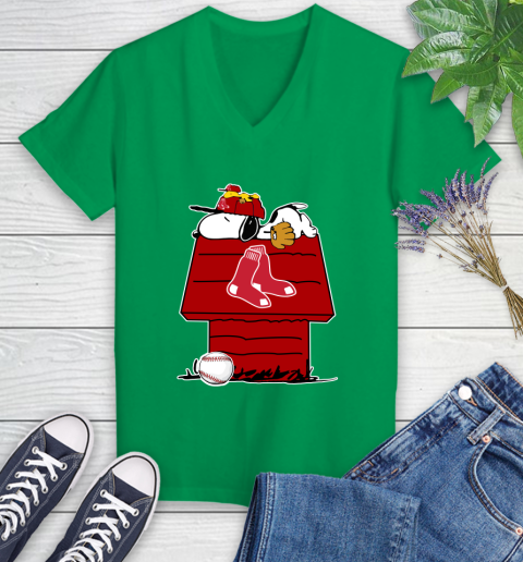 MLB Boston Red Sox Snoopy Woodstock The Peanuts Movie Baseball T Shirt Women's V-Neck T-Shirt 5