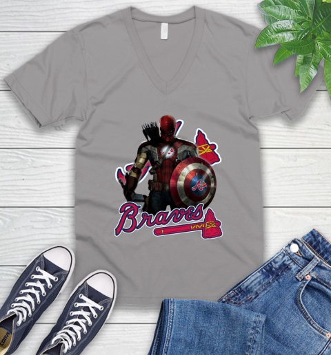 MLB Captain America Thor Spider Man Hawkeye Avengers Endgame Baseball Atlanta Braves V-Neck T-Shirt 4