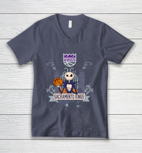 NBA Sacramento Kings Basketball Jack Skellington Halloween V-Neck T-Shirt 7