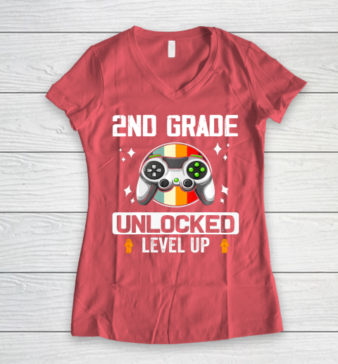 Next Level t shirts 2nd Grade Unlocked Level Up Back To School Second Grade Gamer Women's V-Neck T-Shirt 4