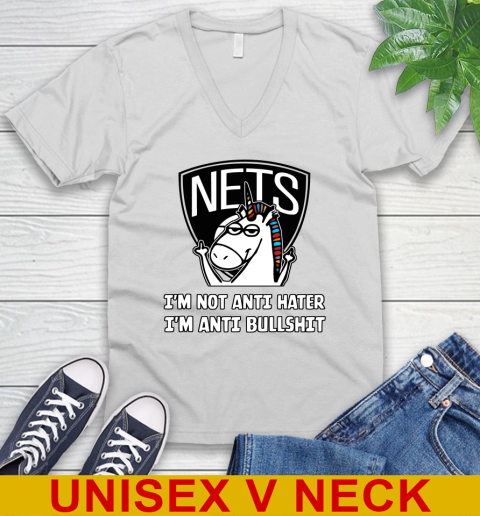 Brooklyn Nets NBA Basketball Unicorn I'm Not Anti Hater I'm Anti Bullshit V-Neck T-Shirt