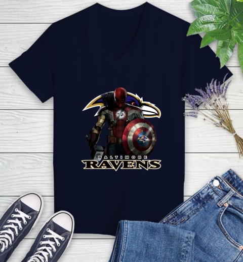 NFL Captain America Thor Spider Man Hawkeye Avengers Endgame Football Baltimore Ravens Women's V-Neck T-Shirt 3