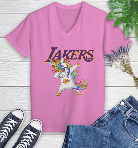 Los Angeles Lakers NBA Basketball Funny Unicorn Dabbing Sports Women's V-Neck T-Shirt 14