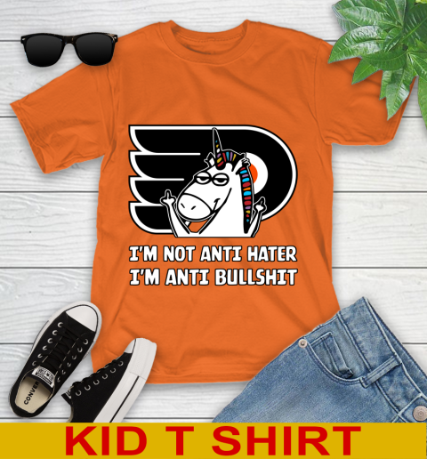 Philadelphia Flyers NHL Hockey Unicorn I'm Not Anti Hater I'm Anti Bullshit Youth T-Shirt 7