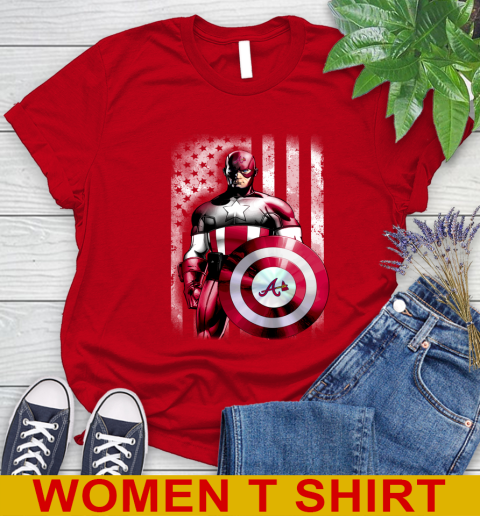 Atlanta Braves MLB Baseball Captain America Marvel Avengers American Flag Shirt Women's T-Shirt 11