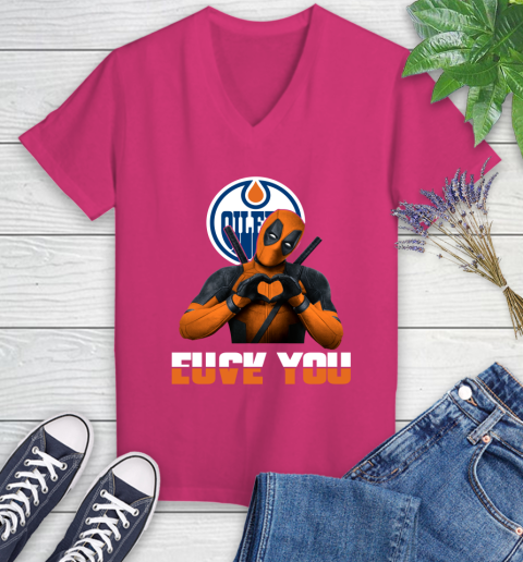 NHL Edmonton Oilers Deadpool Love You Fuck You Hockey Sports Women's V-Neck T-Shirt 9